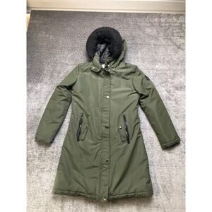 Perry Ellis Portfolio Parka Jacket‎ Womens S Green Faux Fur Hooded Snap Full Zip